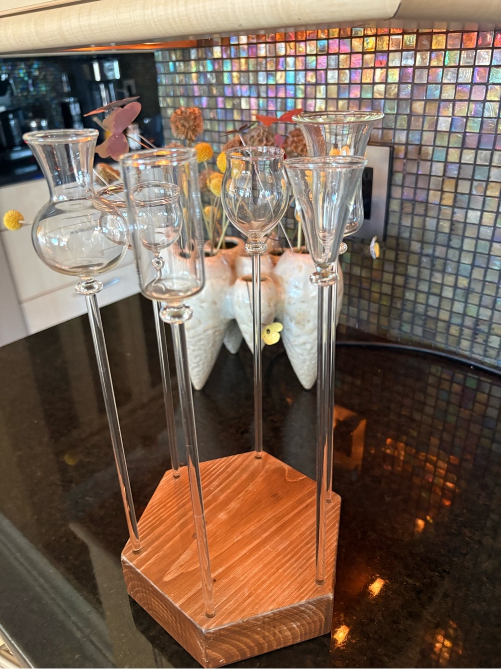 Clear Glass (6) Cordial Champagne Shot Bud Vase Set with Wooden Hex Base - Clear